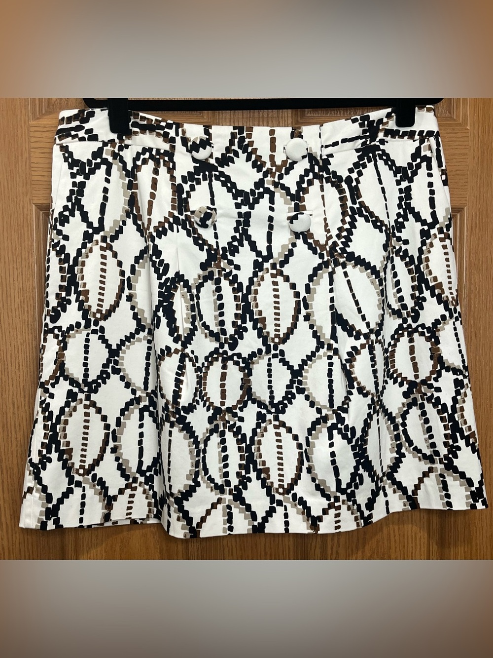 A-Line Skirt in White with Black and Brown Geometric Print